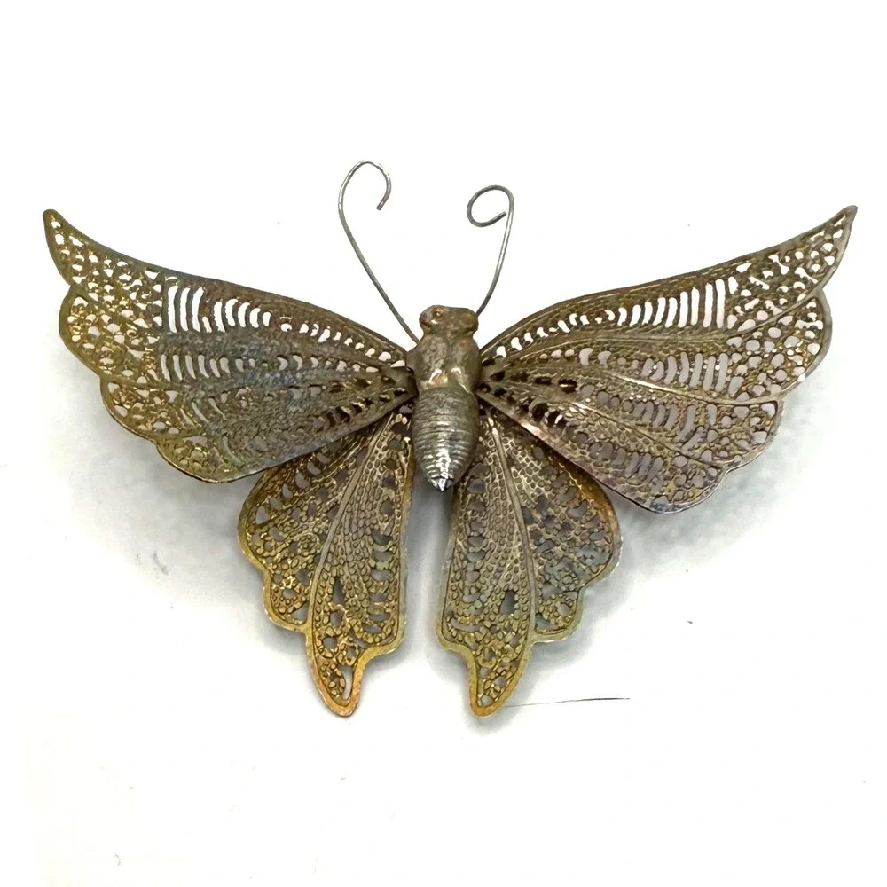 Vintage Filigree Butterfly‎ Brooch Brass Tone Large Lace Wing Insect Pin